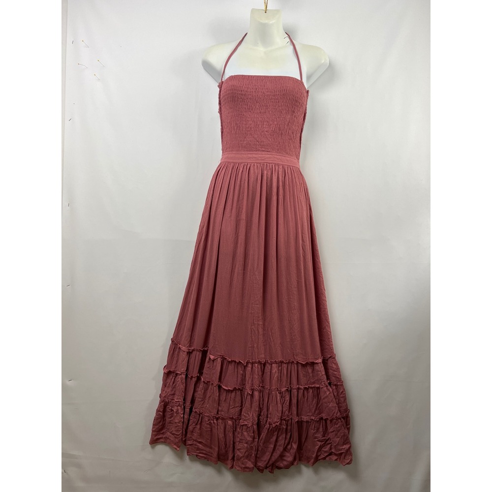 R.Vivimos Smocked Maxi Dress Womens L Dusty Rose Halter Tiered Ruffle Goddess